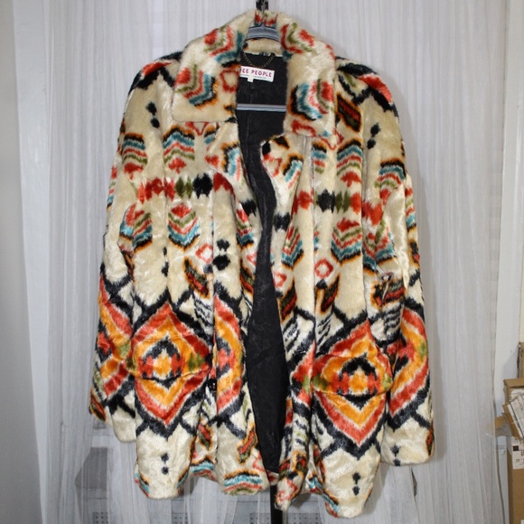 Free People Carmella Faux Fake Fur Coat Aztec Western Print.  Sz. L - Picture 5 of 10